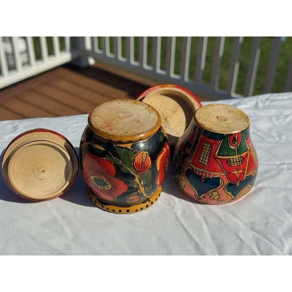 Soviet Russian Easter Wooden Spice Condiment Shaker Jar Set Matryoshka XB VTG
